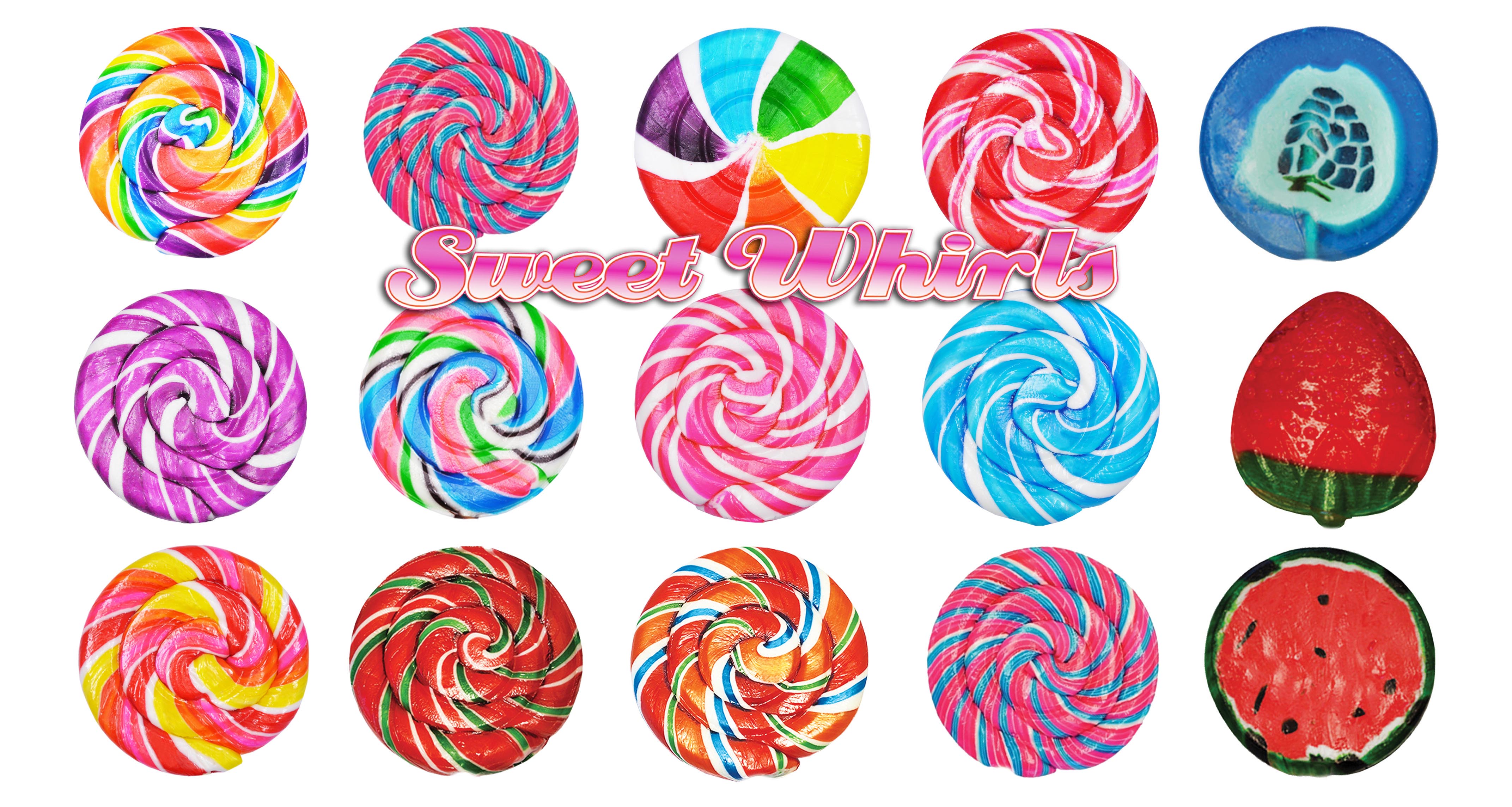 multiple swhirly lollipop candy including rainbow straeberry, cotton candy, strawberry color wheel, strawberry cream, rainbow strawberry sherbert, grape, cream soda, cotton candy, blueberry, fruit punch, cherry, and dalgona